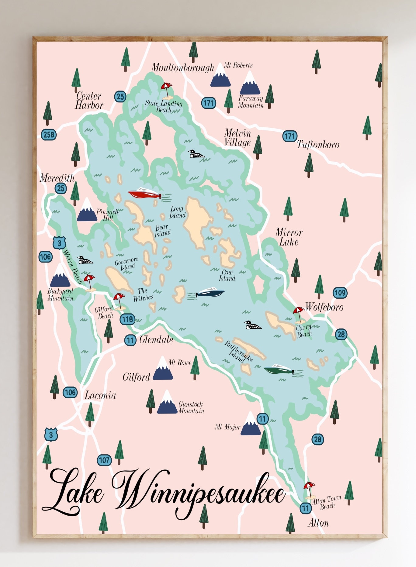 Lake Winnipesaukee Map Art New Hampshire Lake Winnipesaukee Map Print ...