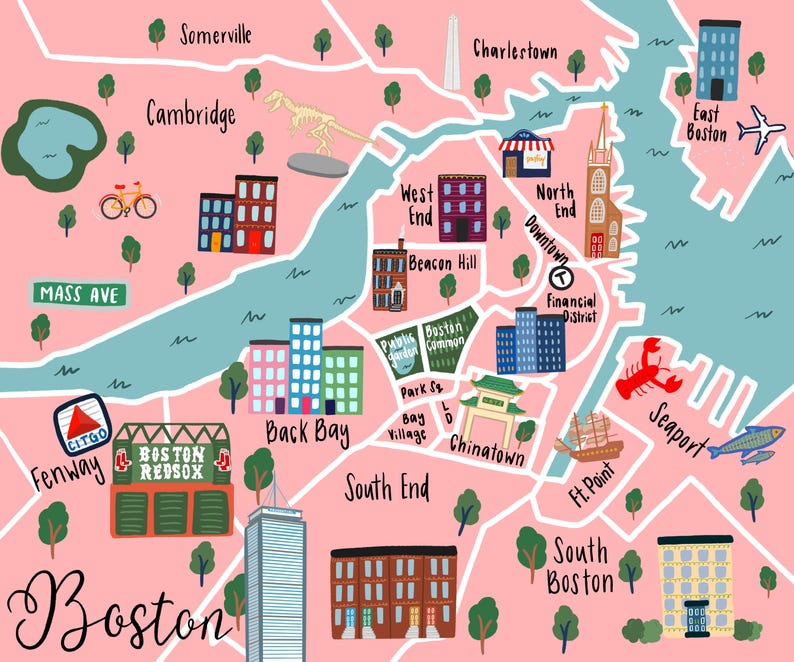 Boston Map Illustrated Boston Art Print for Boston Gift Boston Art ...