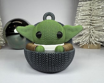 Knitted Christmas Ornament Resembling Grogu