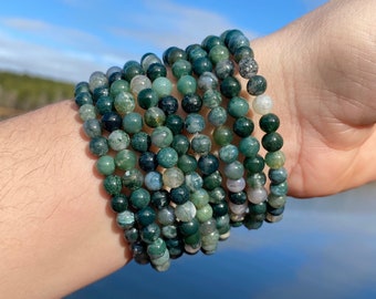ONE Handmade High Grade 6mm 7.5" x 8" Moss Agate Gemstone Beaded Stretch Bracelet