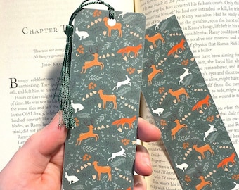 Bookmark | Fox And Deer Forest Green Handmade Laminated Bookmark | Forest Bookmark | Animal Bookmark | Birthday Gift | Gift For Book Lovers