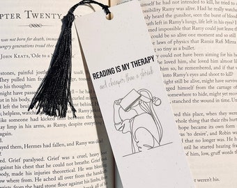 Reading Is My Therapy Bookmark | One Line Art | Black And White | Bookish Gift | Handmade Bookmark | Birthday Gift | Gift For Book Lover