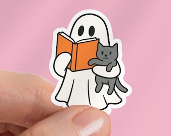 Bookish Ghost Holding Cat Kindle Sticker: Halloween Sticker