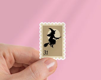Halloween Witch Postage Stamp Sticker: Weatherproof Kindle Decal