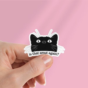May include: A black cat sticker with the text "is that smut again?" The cat has white eyes and whiskers, and white accents on its head. The sticker is held by a hand against a pink background.