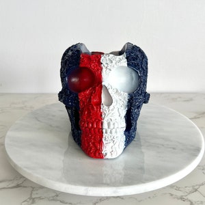 May include: A white, red, and blue skull planter with intricate floral details. The skull is painted in a tri-color design, with the left side blue, the right side red, and the center white.