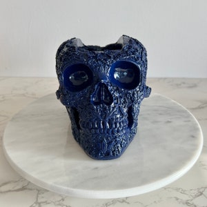 May include: A dark blue skull planter with intricate floral details. The skull is made of ceramic and has a glossy finish.