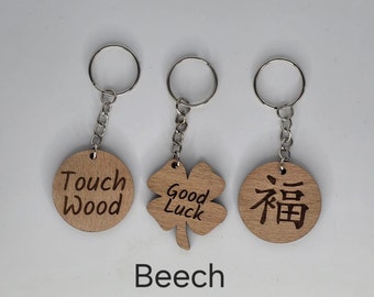 Good Luck wooden Keyring/Keyfob including 4 leaf clover, Chinese good luck symbol and "Touch Wood".