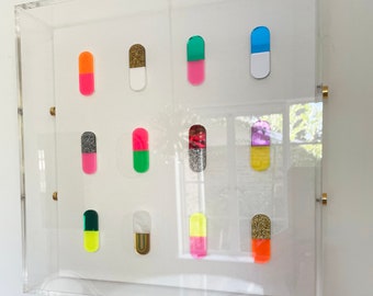 Happy Pills Pop Art | Mixed Media 3D Acrylic, Lucite Shadowbox