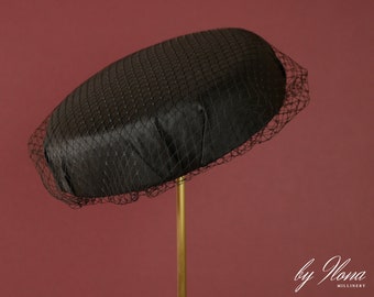 Black hat pillbox with net veil | vintage style Funeral hat | Head In the Clouds