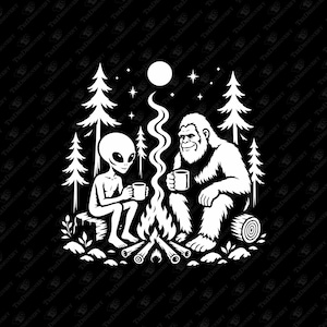 May include: Black and white illustration of an alien and Bigfoot sitting around a campfire, each holding a mug. The scene includes trees, a moon, and stars, creating a whimsical outdoor setting.