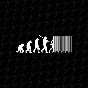 Puede incluir: Un diseño gráfico blanco sobre fondo negro que representa la secuencia de la evolución humana, comenzando con un primate y progresando hacia una figura humana que se transforma en un código de barras vertical con los números 9 87655 32109.