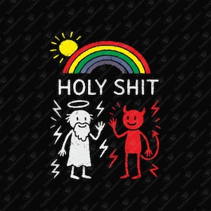 Puta merda, Deus e o Diabo dão um high five, sarcasmo absurdo, sublimação, design de POD