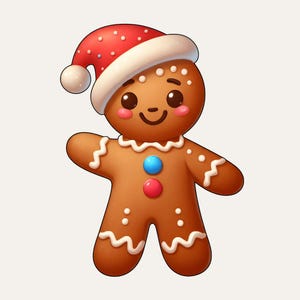 Puede incluir: Ilustración de un alegre hombre de jengibre con un gorro de Papá Noel rojo con ribete blanco y pompón blanco. El hombre de jengibre tiene una cara sonriente, mejillas rosadas y dos botones coloridos. Detalles de glaseado blanco en los bordes y brazos.