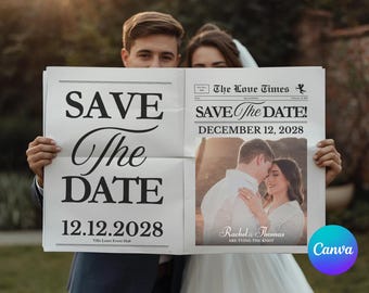Engagement Zeitung Vorlage Canva | Save The Date Zeitungsvorlage | Hochzeit Save the Date bearbeitbar | Zeitungsanzeige