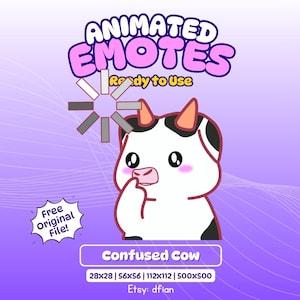 Funny Confused Cow Animated Emote GIF - Cute Kawaii Chibi Cow for Twitch & Discord - Streamer Emotes Pack - Instant Download