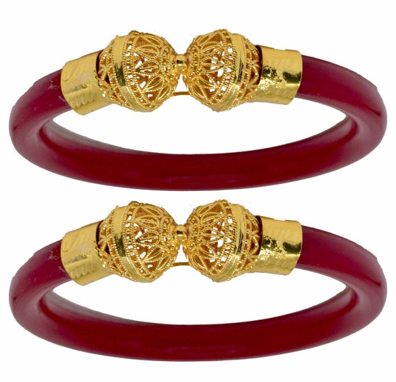 Handmade Pola Gold Plated Acrylic Bangle for Women, Red ( Pack of