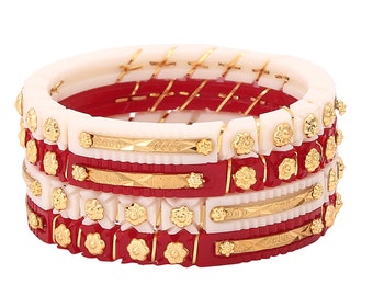 Handmade Shakha Pola Gold Plated Acrylic Bangle for Women, Red and White ( Pack of 4)