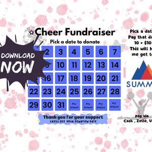 May include: A pink and white graphic promoting a cheerleading fundraiser. It displays a calendar with dates, the text "Cheer Fundraiser," and a "Download Now" button. The image also includes the Summit logo and payment options.