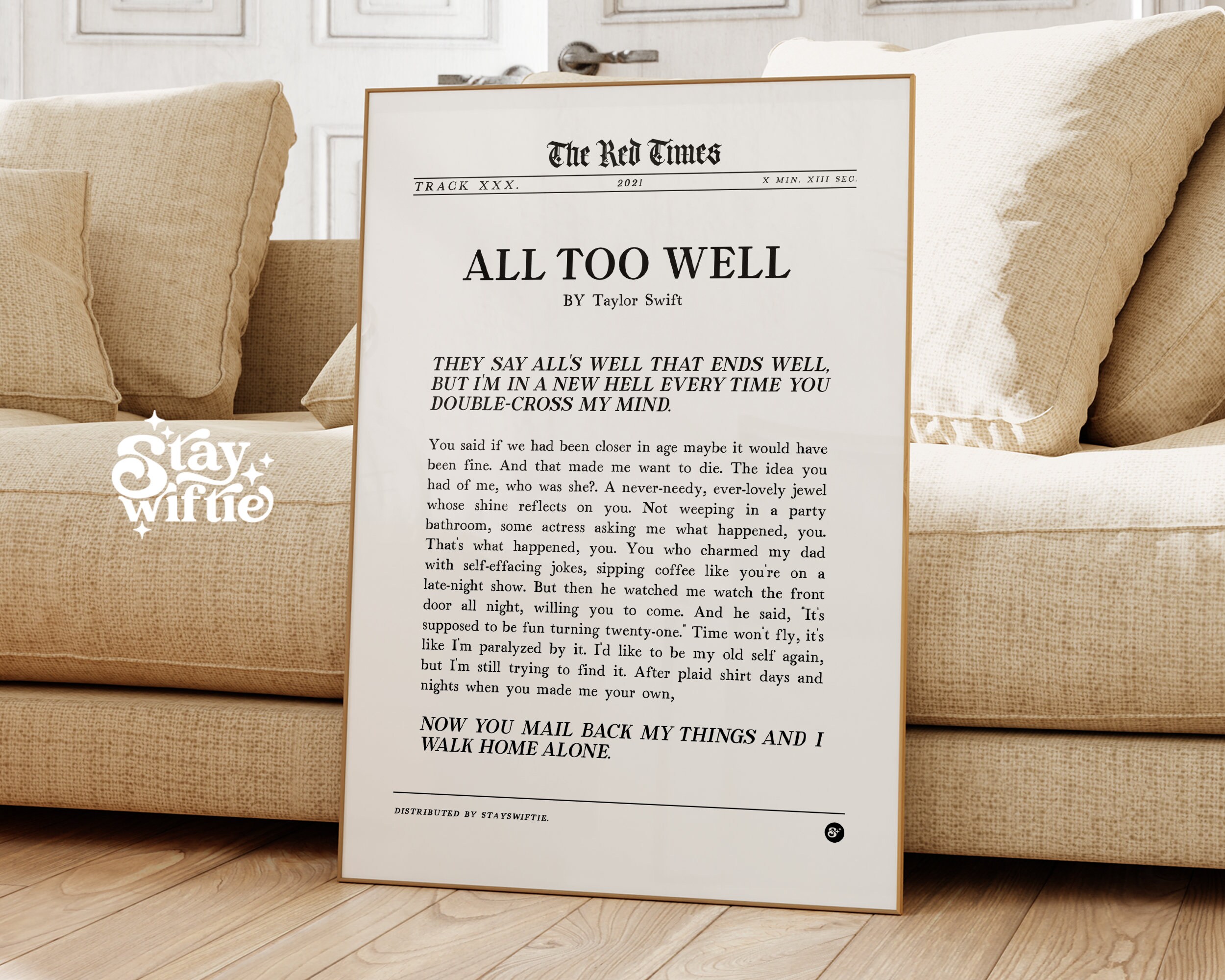 Taylor Swift All Too Well Paroles ALL TOO WELL 10 Minute Version Paroles Affiche: The Taylor - Etsy France