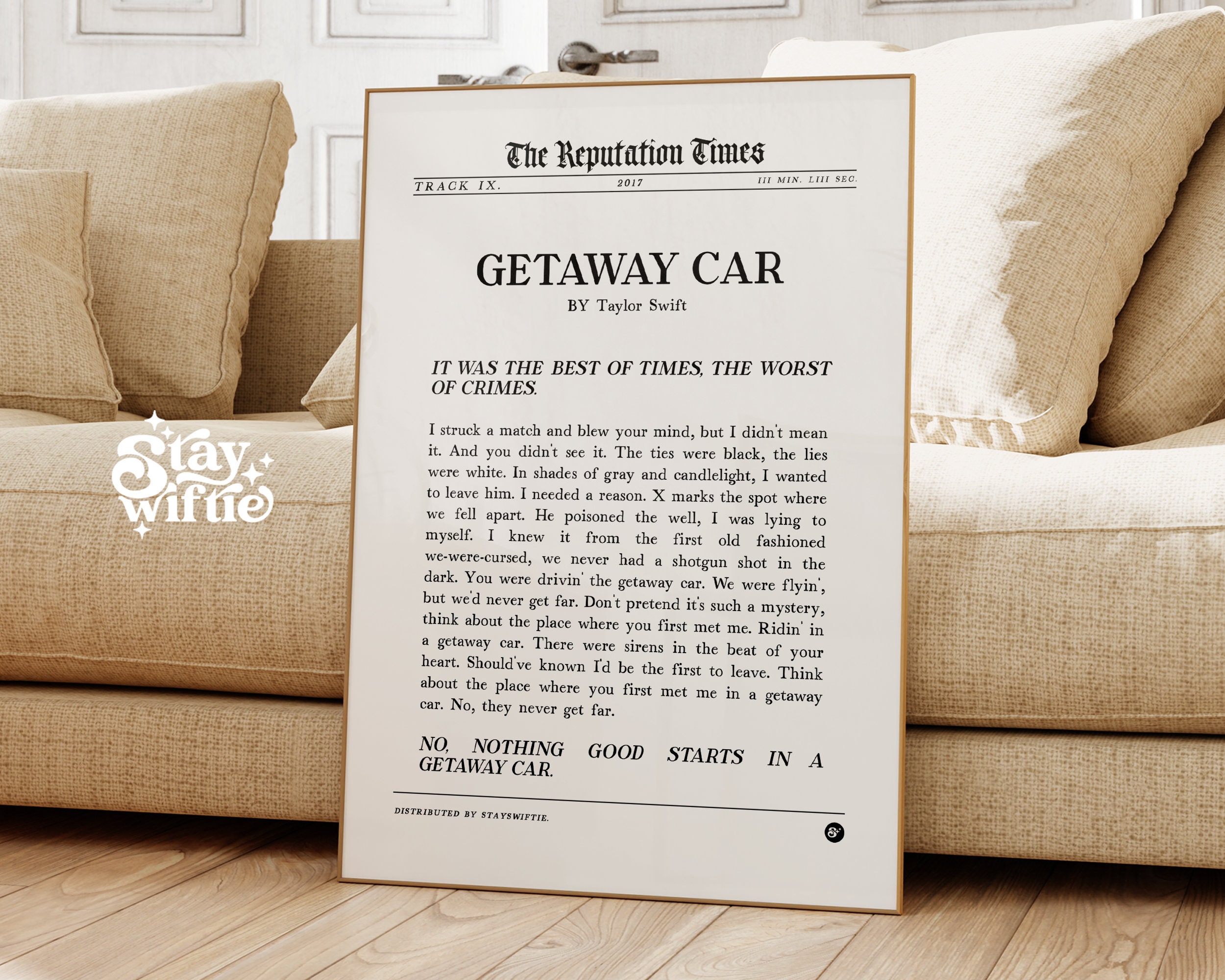 Paroles De Taylor Swift Getaway Car Affiche getaway car lyrics: The Taylor Times Réputation - Etsy Canada