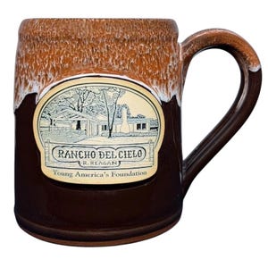Vintage Deneen mug featuring Ronald Reagan Rancho Del Cielo design with detailed engraving
