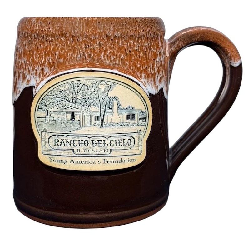 Vintage Deneen mug featuring Ronald Reagan Rancho Del Cielo design with detailed engraving