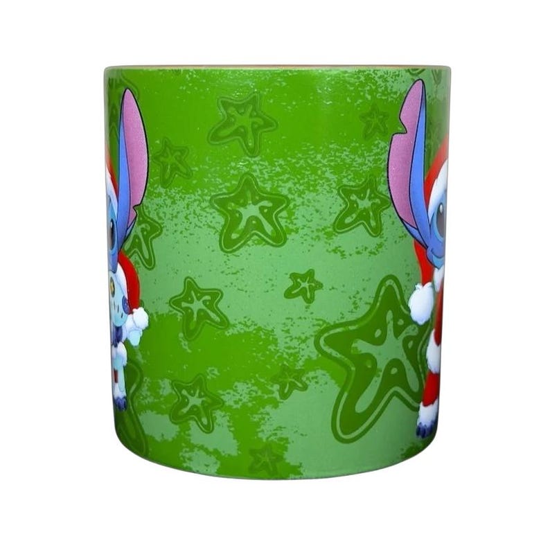 Disney Stitch Santa holiday collectible mug featuring Stitch in a festive design with green background