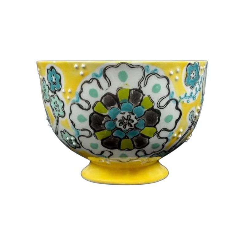 Anthropologie Elka Ayaka floral pedestal mug yellow hand painted ceramic mug with turquoise green floral design on pedestal base