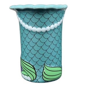 Teal ceramic scalloped rim mug with mermaid scale pattern and pearls Ariel The Little Mermaid Disney Parks vintage mug