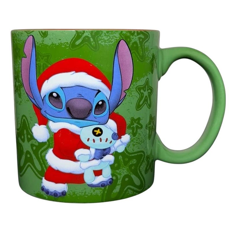 Disney Stitch Santa holiday collectible mug featuring Stitch in a red Santa hat with a festive design