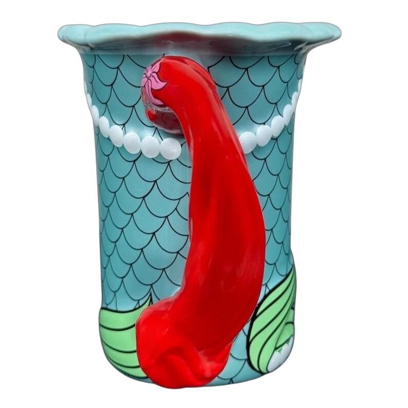 Ariel The Little Mermaid Disney Parks vintage mug ceramic with mermaid scale pattern and red hair handle