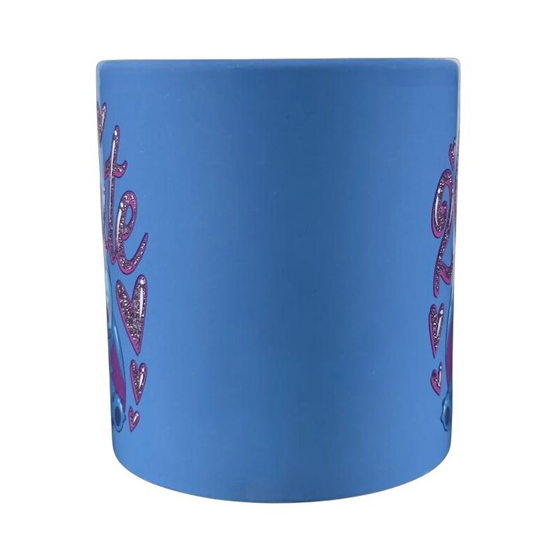 Disney collectible Stitch mug purchase with colorful hearts and a playful design