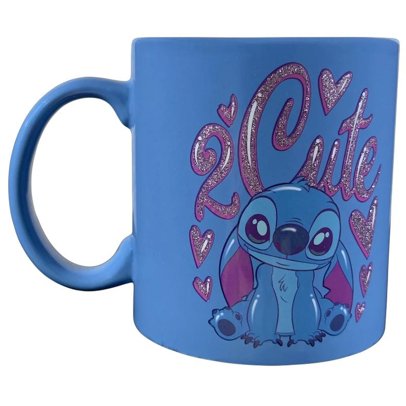 Disney collectible Stitch mug with cute design and sparkling hearts for fans to purchase