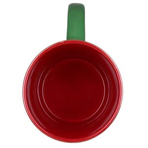 Top view of Stitch Santa holiday collectible mug in red with a green handle for unique holiday decor