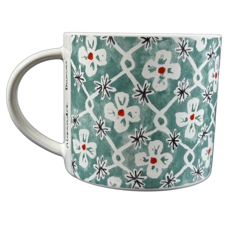 Anthropologie Alexandre Dumas G monogram initial mug turquoise ceramic coffee cup with white floral lattice and red centers