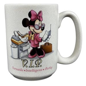 Disneyland Minnie Mouse VIP vintage mug featuring a stylish Minnie with a pink outfit and glasses