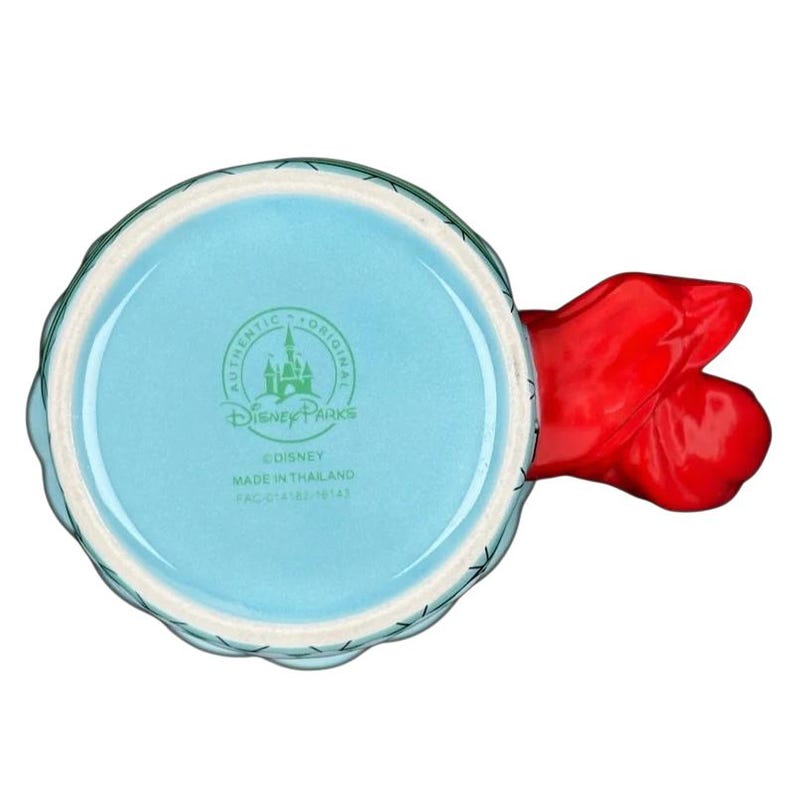 Ariel The Little Mermaid Disney Parks vintage mug showing blue bottom with Disney Parks stamp and red tail handle