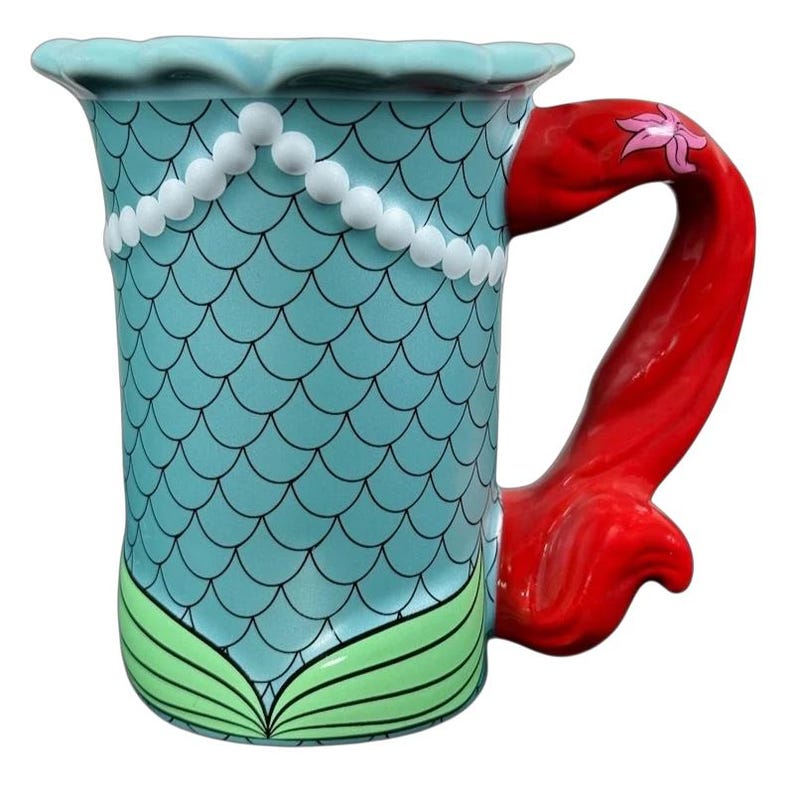Ariel The Little Mermaid Disney Parks vintage mug teal mermaid scale design with red hair handle and pearl necklace detail