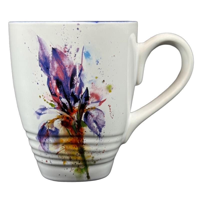 Dean Crouser aquarel paarse irisbloem blauwe binnenkant mok Demdaco