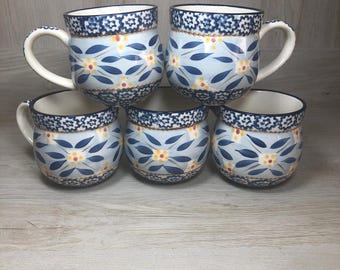 Set of 5 Temp-tations By Tara Old World Blue 12 oz Barrel Mugs