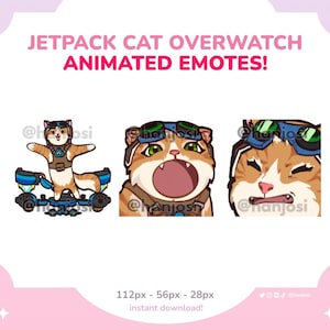 以下が含まれることがあります： パイロットのヘルメットとゴーグルを着用した漫画の猫のアニメーション絵文字。猫は、ジェットパックに乗っているものを含め、さまざまな表情で描かれています。テキストは「JETPACK CAT OVERWATCH ANIMATED EMOTES！」と表示されています。