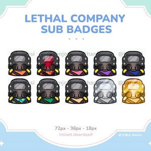 May include: Eight different colored badges featuring a cartoon character wearing a gas mask. The badges are 72 pixels by 36 pixels and 18 pixels in size. The text "LETHAL COMPANY SUB BADGES" is at the top of the image. The text "72px - 36px - 18px instant download!" is at the bottom of the image.