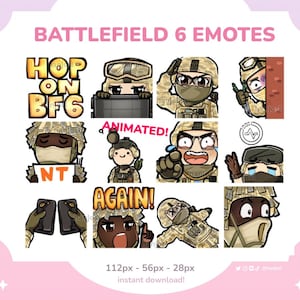 May include: A collection of animated digital emotes for Battlefield 6, featuring cartoon soldiers in various poses and expressions. Text includes "HOP ON BF6", "ANIMATED!", "NT", and "AGAIN!". The image also displays pixel dimensions and social media handles.