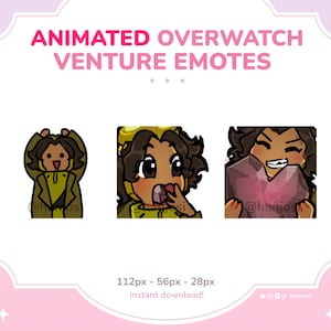 May include: Three animated Overwatch Venture emotes featuring a brown-skinned character with brown hair. The first emote shows the character with their arms raised above their head. The second emote shows the character with their mouth open and their finger in their mouth. The third emote shows the character holding a large pink heart. The text "112px - 56px - 28px instant download!" is at the bottom of the image.