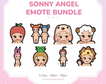 May include: A set of eight digital emoticons featuring a cartoon character dressed in various costumes. The character is a Sonny Angel, a popular Japanese collectible toy. The costumes include a strawberry, pineapple, cherry, bunny, sheep, lion, apple, and a pair of twins dressed as strawberries. The emoticons are available in three sizes: 112 pixels, 56 pixels, and 28 pixels. The text "Sonny Angel Emote Bundle" is at the top of the image.