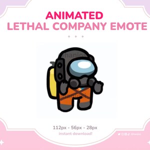 May include: Animated Among Us character emote with a black helmet, orange jumpsuit, and yellow backpack. The character is waving with both hands. The text "112px - 56px - 28px instant download!" is below the character.