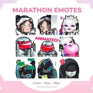 May include: A set of animated digital emotes with a futuristic design. The emotes depict characters with diverse expressions, such as smiling, holding a heart, and displaying anger. The text "MARATHON EMOTES" and "ANIMATED!" are visible at the top.