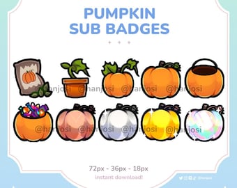 May include: Set of nine digital pumpkin-themed badges for Twitch or YouTube subscribers. The badges feature various pumpkin designs, including a pumpkin plant, a pumpkin with candy, a pumpkin with a handle, and a variety of colored pumpkins.