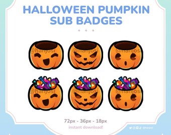 May include: A digital graphic featuring six orange pumpkin-shaped badges with black outlines. The top row shows three pumpkins with different carved faces. The bottom row shows pumpkins filled with colorful candy. Text reads "HALLOWEEN PUMPKIN SUB BADGES".